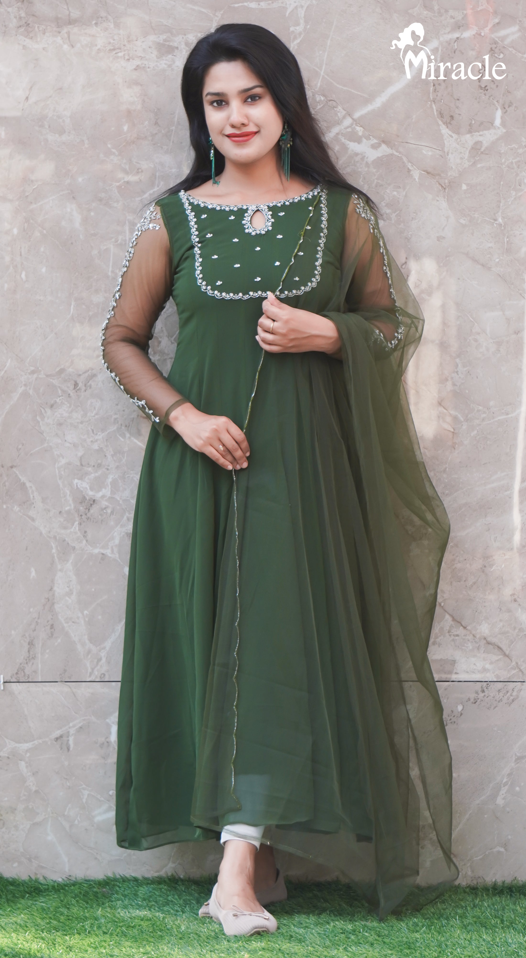 Green Party Wear Anarkali MAK389 | Miracle Boutique
