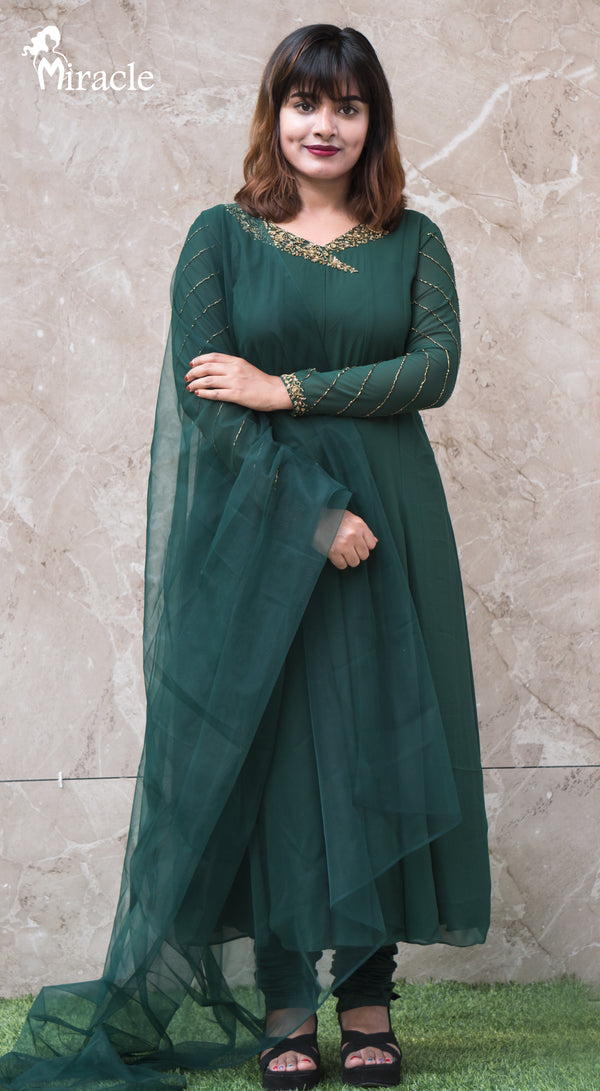 Green Panel Cut Anarkali MAK383