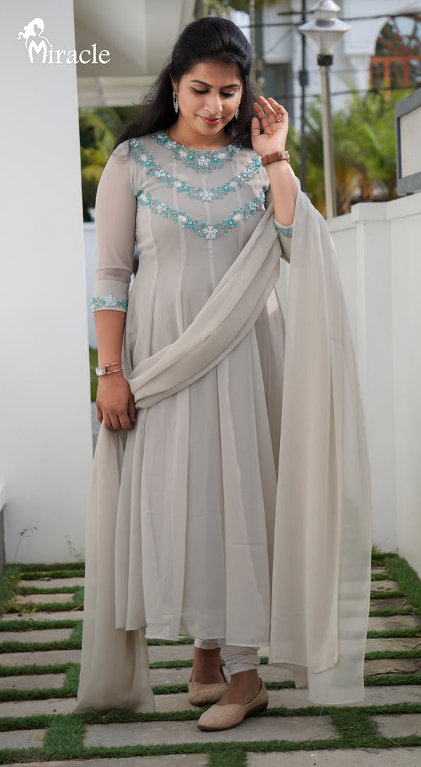 panel cut dress Sea green and lavender panel cut Anarkali Angelic Weaves