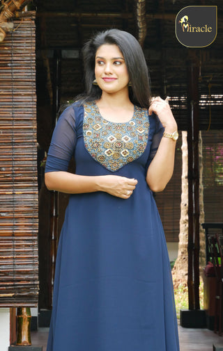 Navy Blue Ajrak Georgette Kurti MHK241