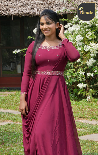 Arihant Rai Sinha Saree Gown And Draped Jacket Set | Purple, Floral Motifs,  Crepe Chiffon, Round, Straight Full | Saree gown, Saree designs, Fashion