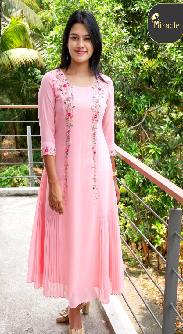 Solid Pink Round Neck kurti with Sequins Work-23AWLK04051-18 – Lakshita