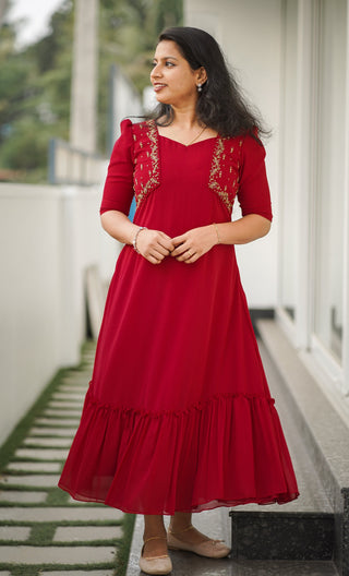 Dark Red Georgette Kurti MHK247