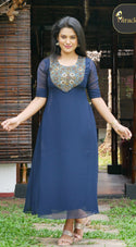 Navy Blue Ajrak Georgette Kurti MHK241