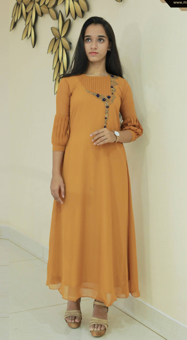 Radiant Mustard Color Printed Fancy Fabric Kurti With Bottom